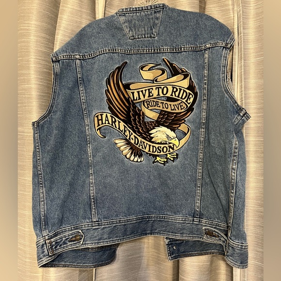 Harley Davidson Denim Vest Vintage 100% Cotton Biker Motorcycle Patches - Picture 2 of 6